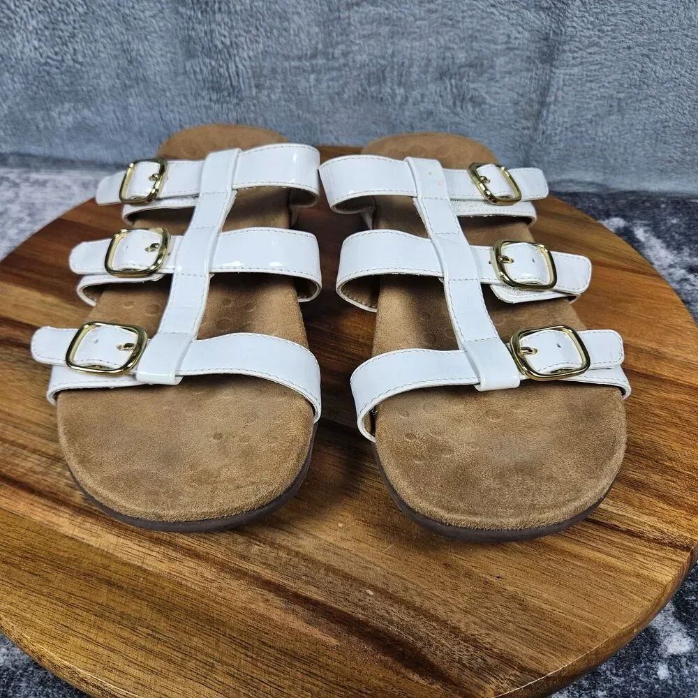 Vionic Misa Slide Sandals White Patent Leather Size 7 Adjustable Straps Buckle
